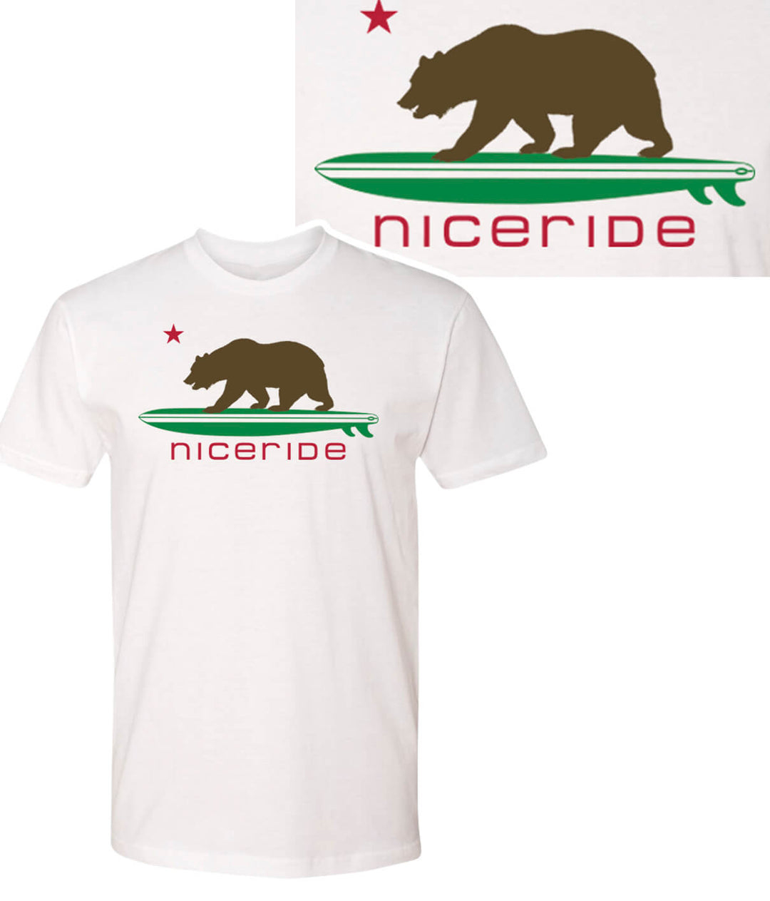 Hang 20 Mens 100% Cotton Short Sleeve T-Shirt with NICERIDE design and bear logo in multiple colors.