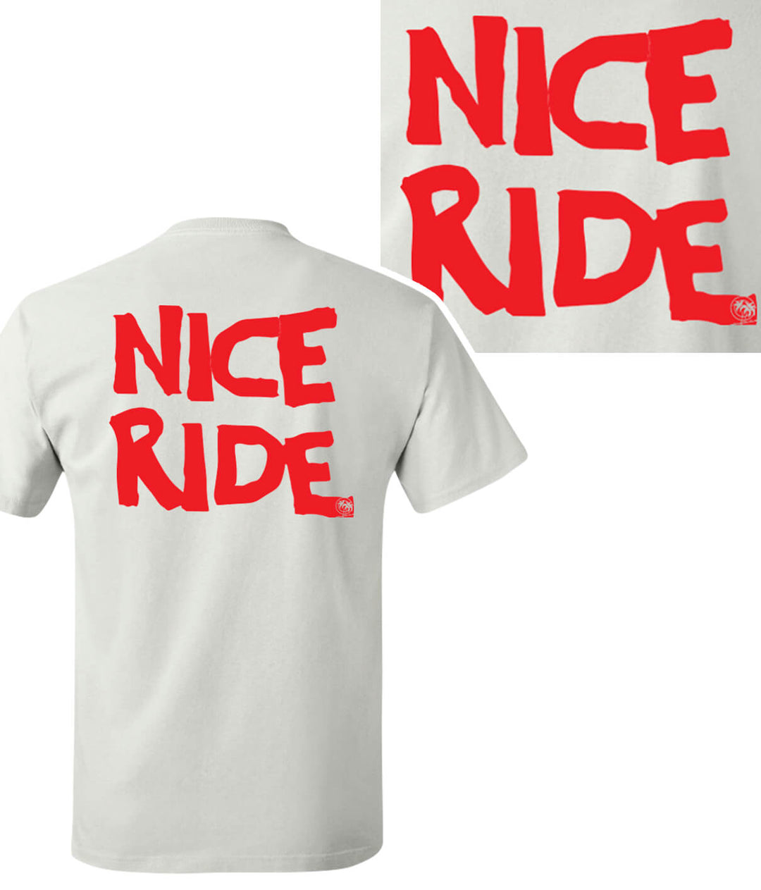 Men's Cotton Blend Hanes Short Sleeve T-Shirt with NICERIDE logo in red on back and front chest.
