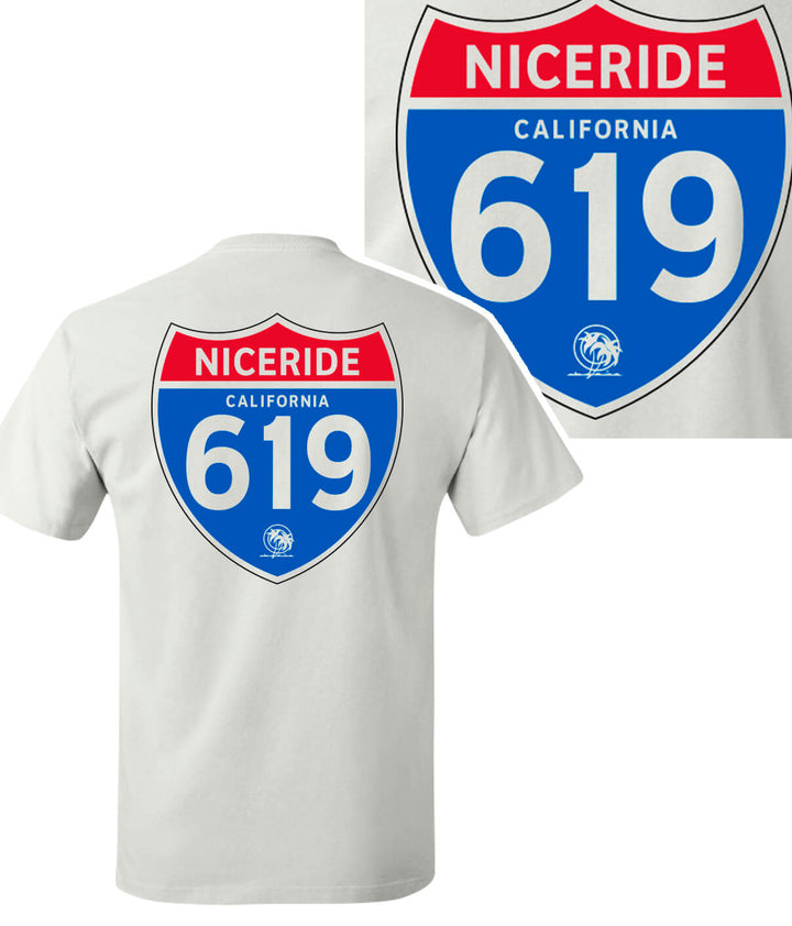Interstate 619 shirt featuring NICERIDE logo and highway sign design on back. White Hanes comfort blend t-shirt.