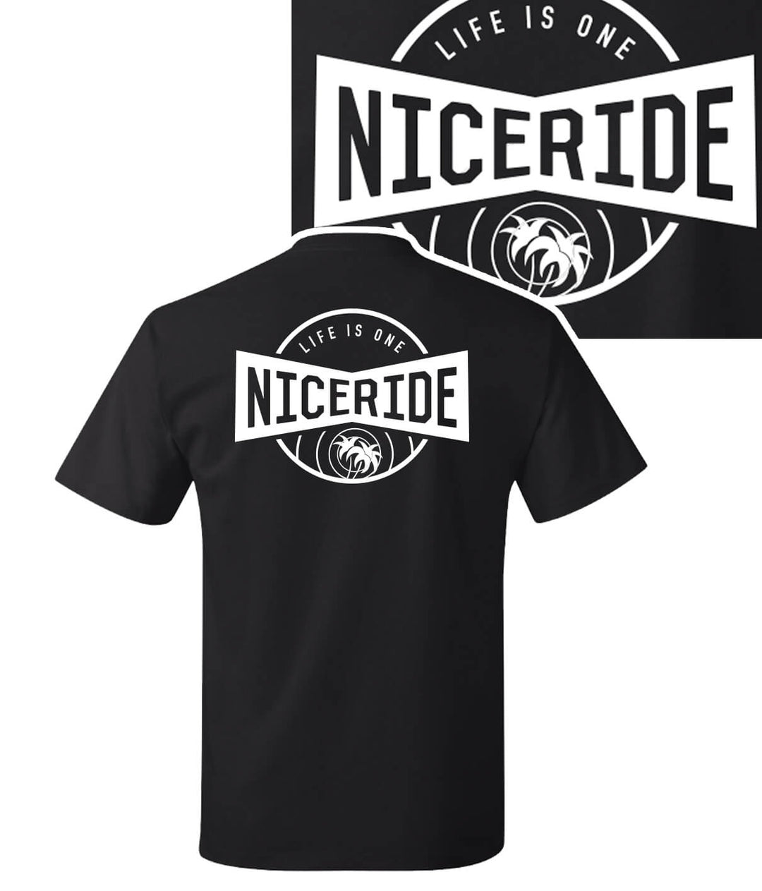 Back view of a Hanes shirt featuring NICERIDE logo in black with white print, perfect for casual wear.