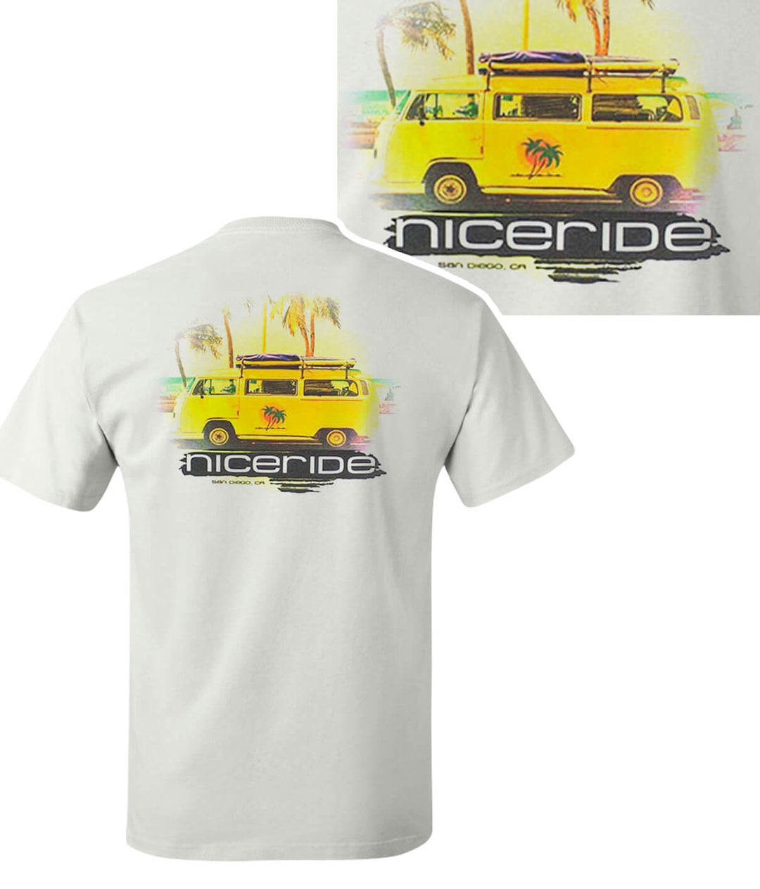 Baja men's quality Hanes white short sleeve shirt featuring NICERIDE design with yellow van and palm trees.