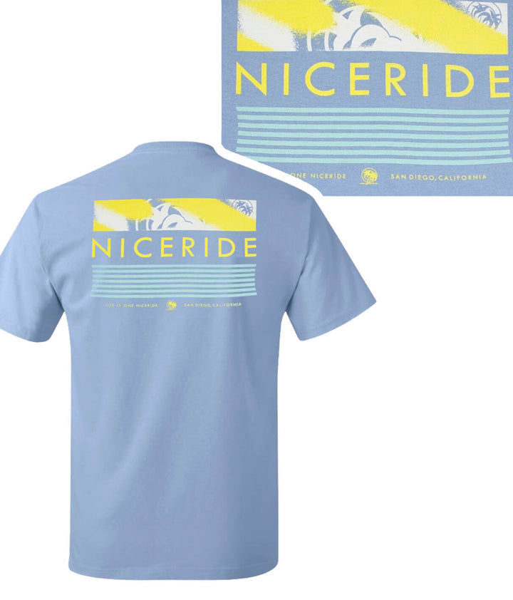 Light blue shirt featuring NICERIDE design on back and chest, perfect for casual and outdoor activities.