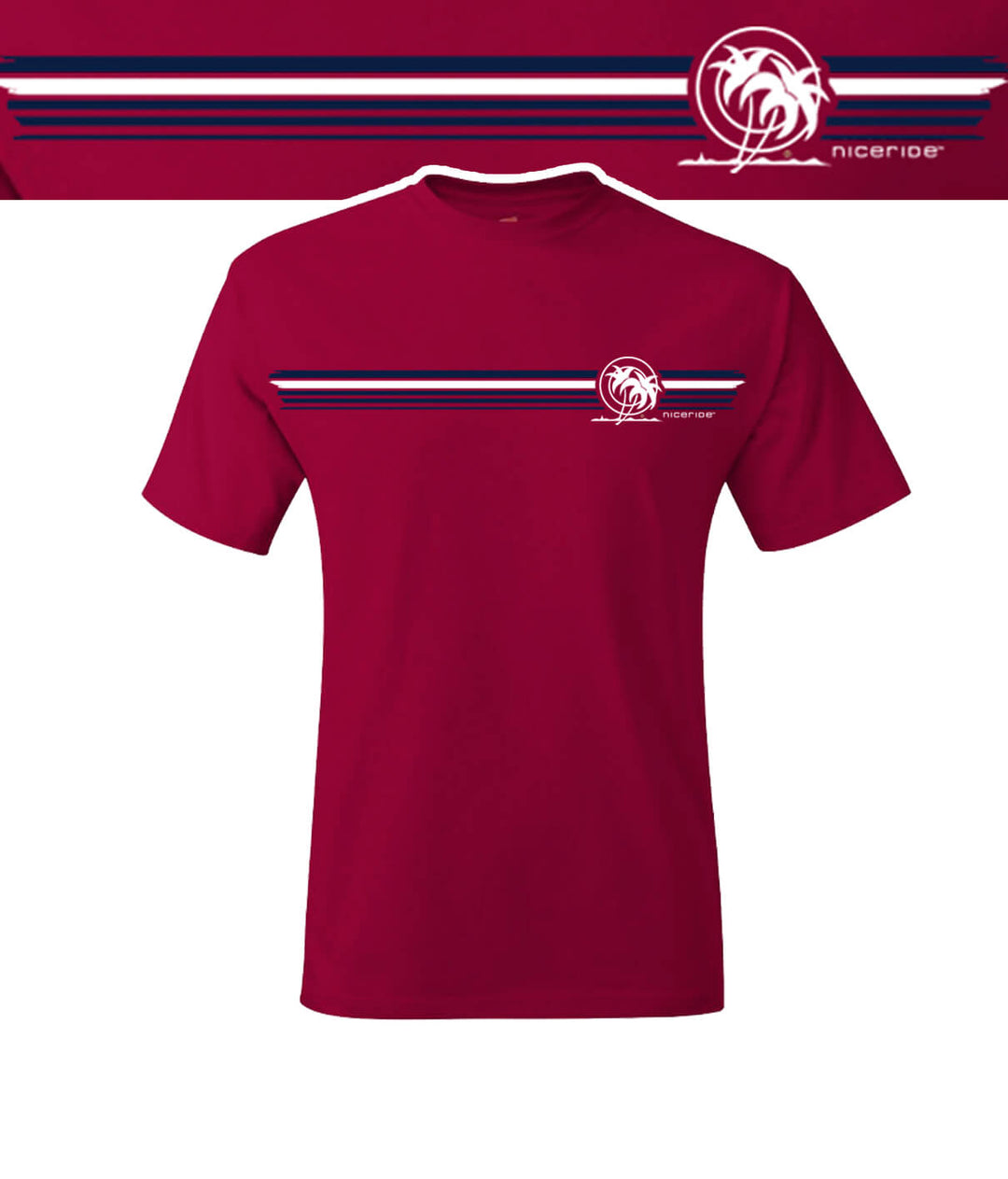 Boardwalk Red Hanes Men's Cotton Blend Short Sleeve T-Shirt with NICERIDE logo printed on the front.