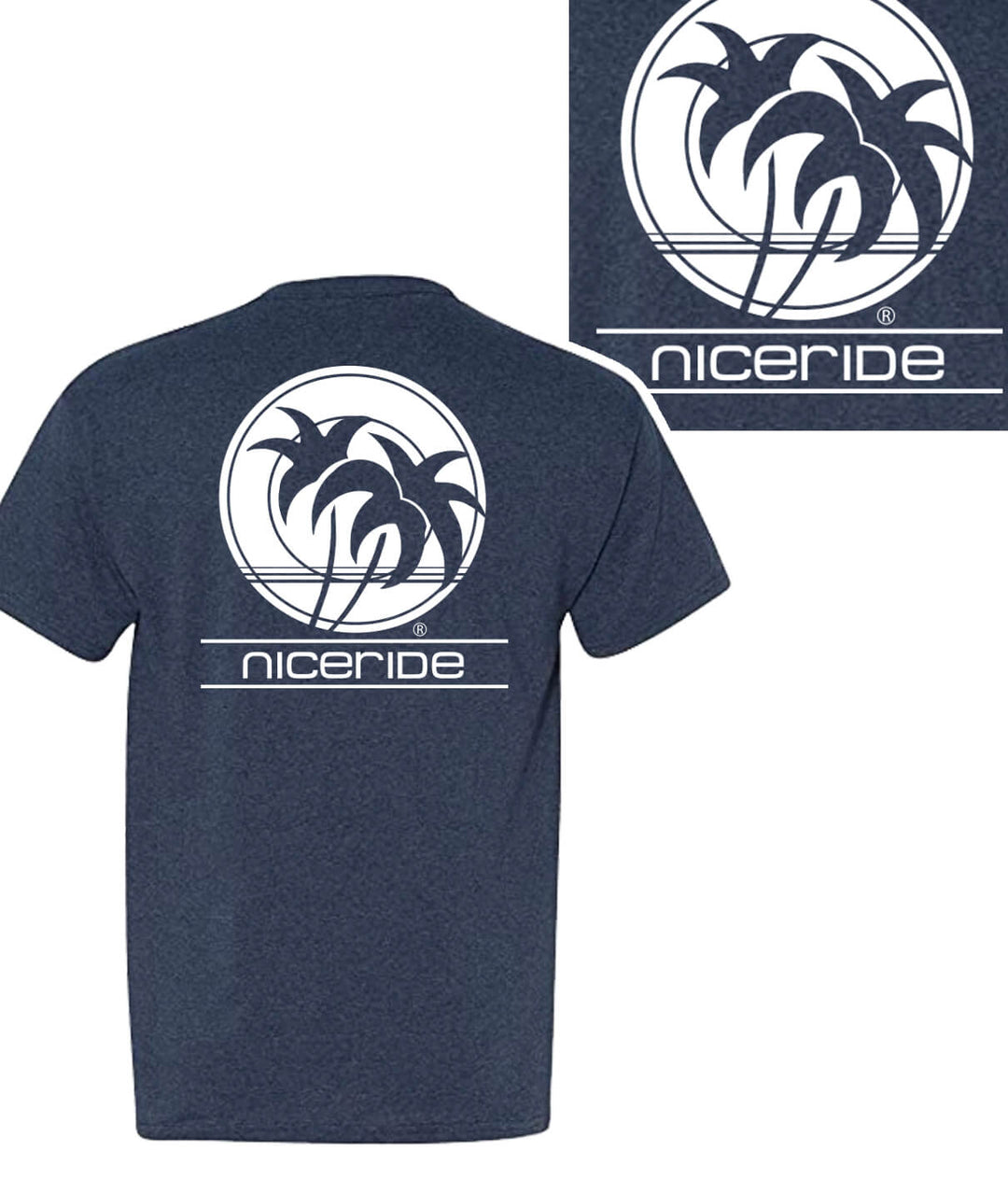 Sunset Strip - Hanes Men's Comfort Blend Short Sleeve T-Shirt with NICERIDE logo and palm trees design on back.
