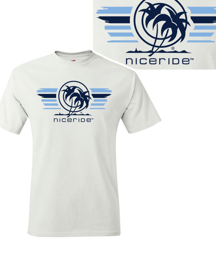 Wingman white shirt featuring NICERIDE logo and palm design, perfect for outdoor and indoor activities.
