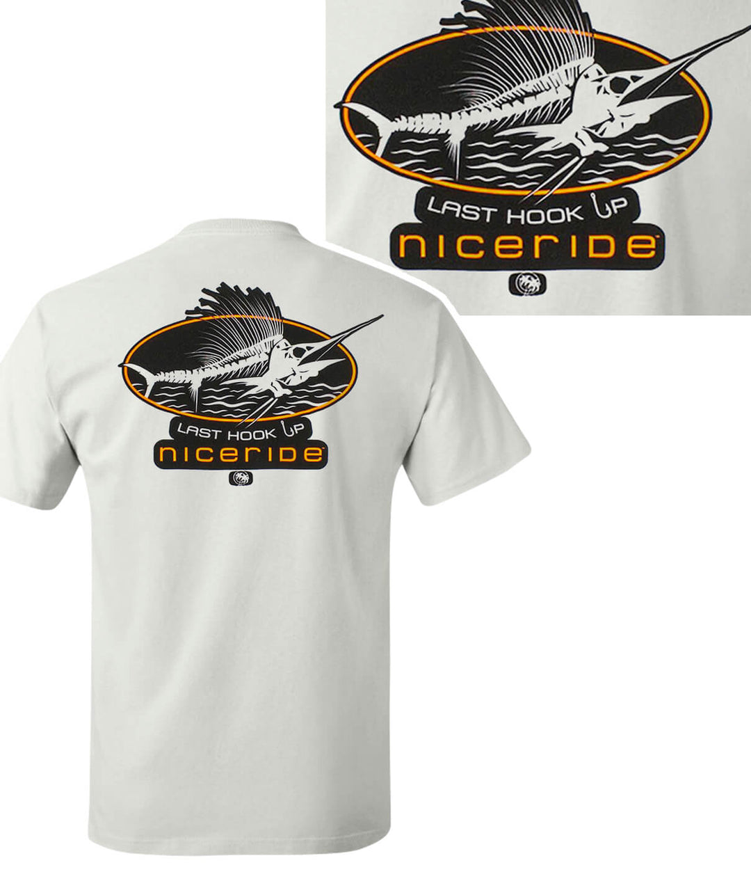 Last Hook Up shirt featuring NICERIDE design on back and front. Hanes Comfort Blend Short Sleeve T-Shirt.