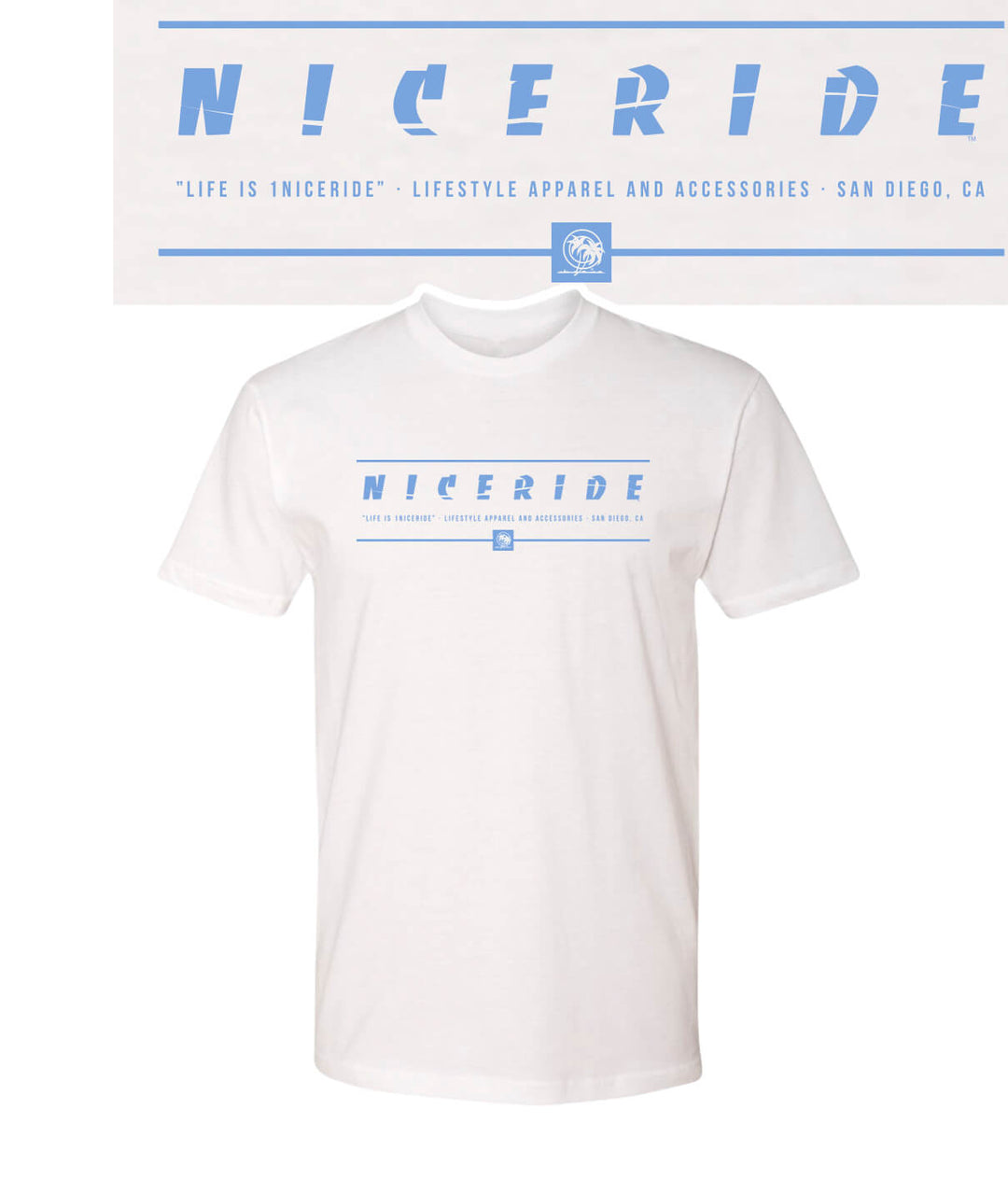 Men's 100% Cotton white short sleeve shirt with blue NICERIDE logo, designed for comfort and style.