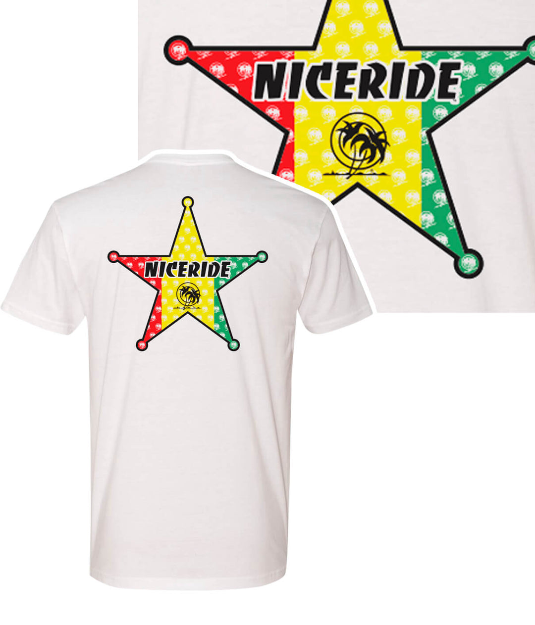 Men's white shirt featuring NICERIDE design on a star, perfect for casual wear and activities.