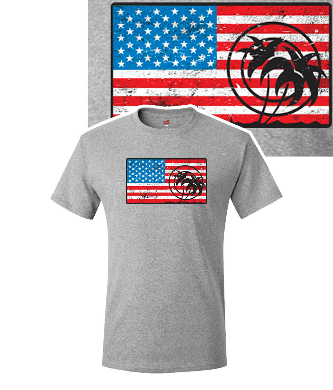 Independence Palm gray Hanes men's tagless short sleeve t-shirt featuring American flag design.