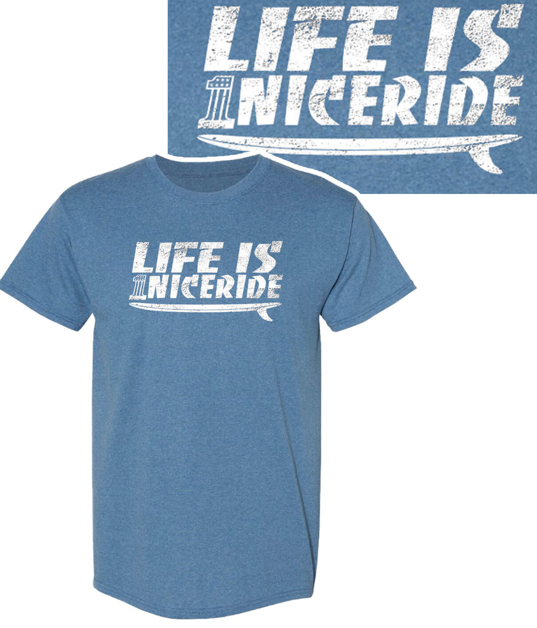 Hanes Men's Cotton Blend Short Sleeve Shirt featuring 'Life Is Niceride' graphic design in white on a blue background.