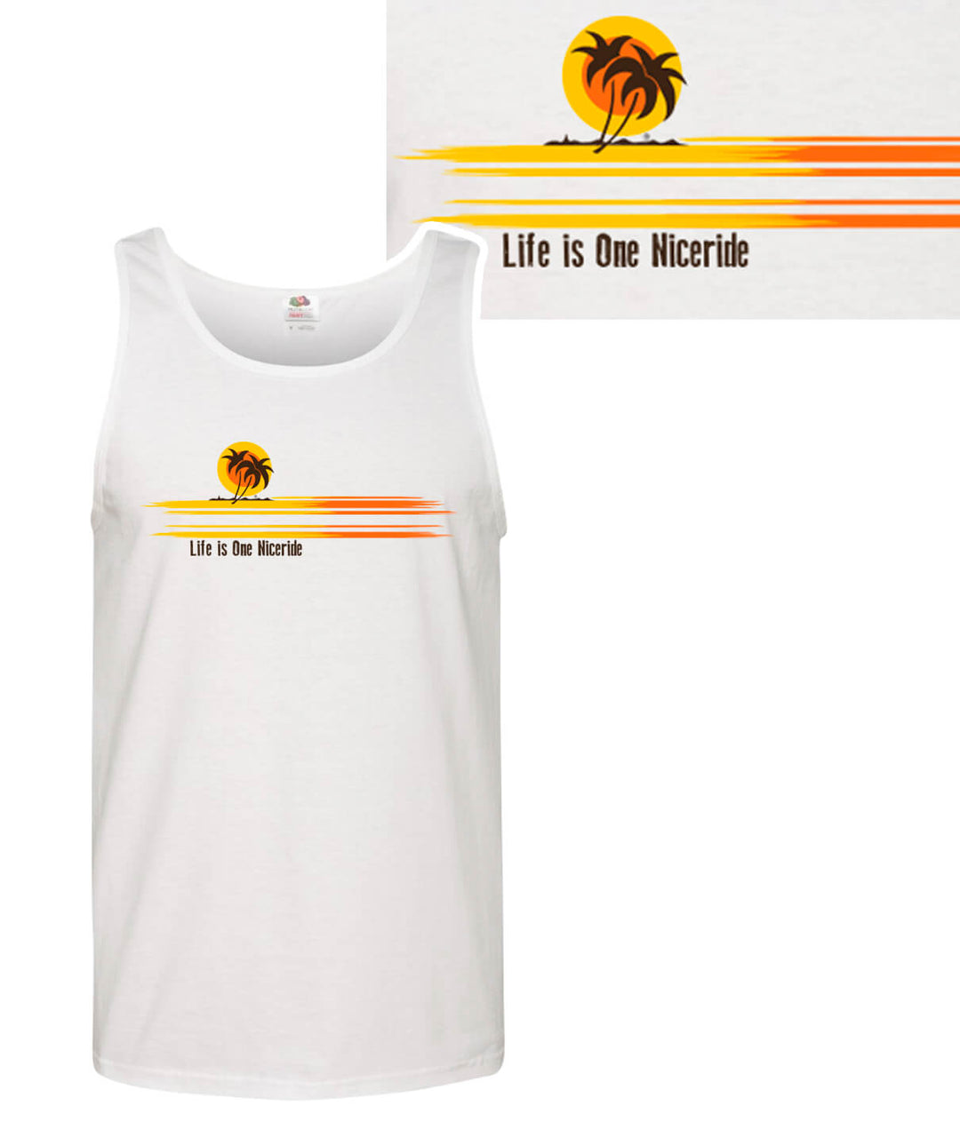 Men's tank top featuring a sunset design and 'Life is One Nicerride' text, perfect for casual wear.