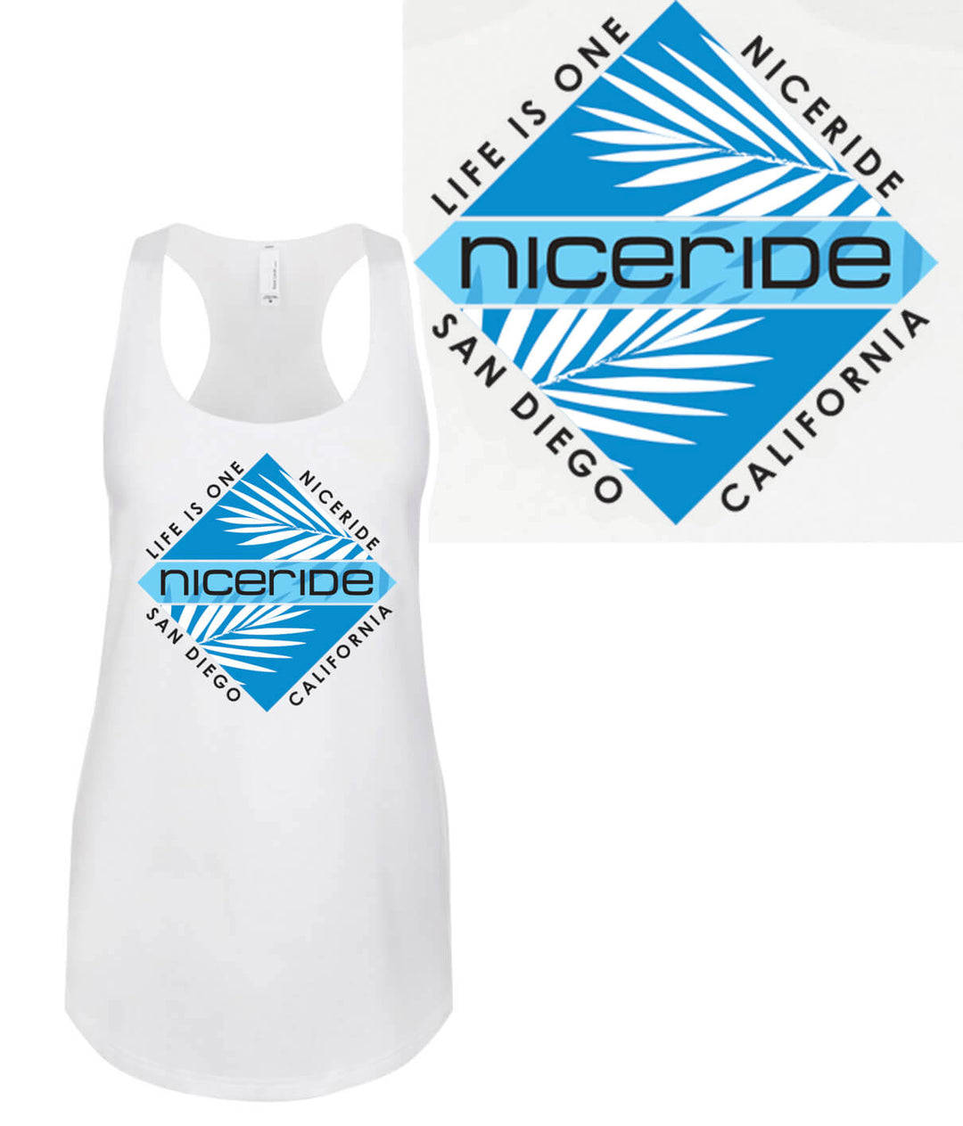 Del Mar - White Next Level Women's Racerback Tank Top featuring NICERIDE design and logo.