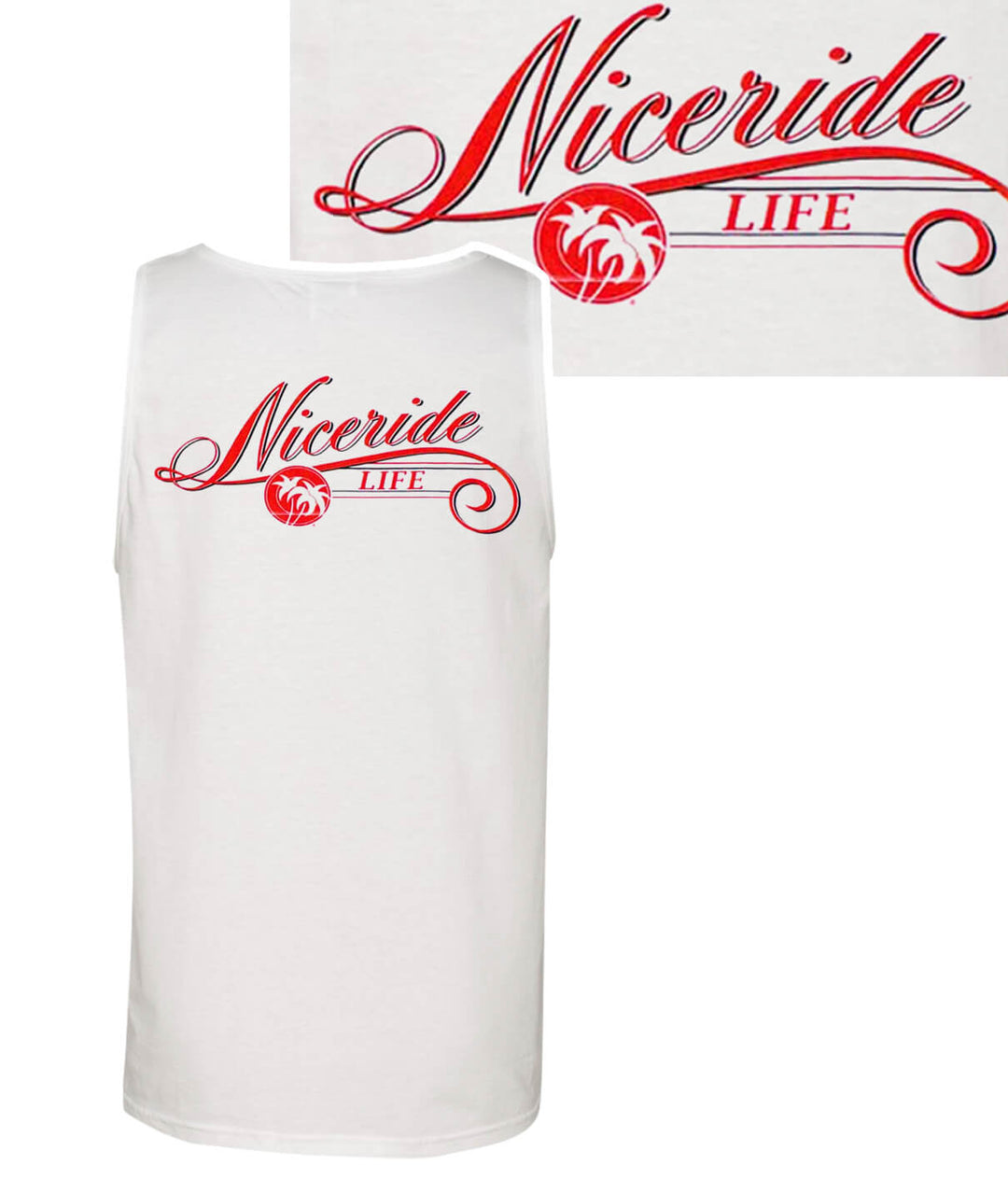 The Life - White Fruit Of The Loom Mens Tank Top with NICERIDE logo printed on the back.