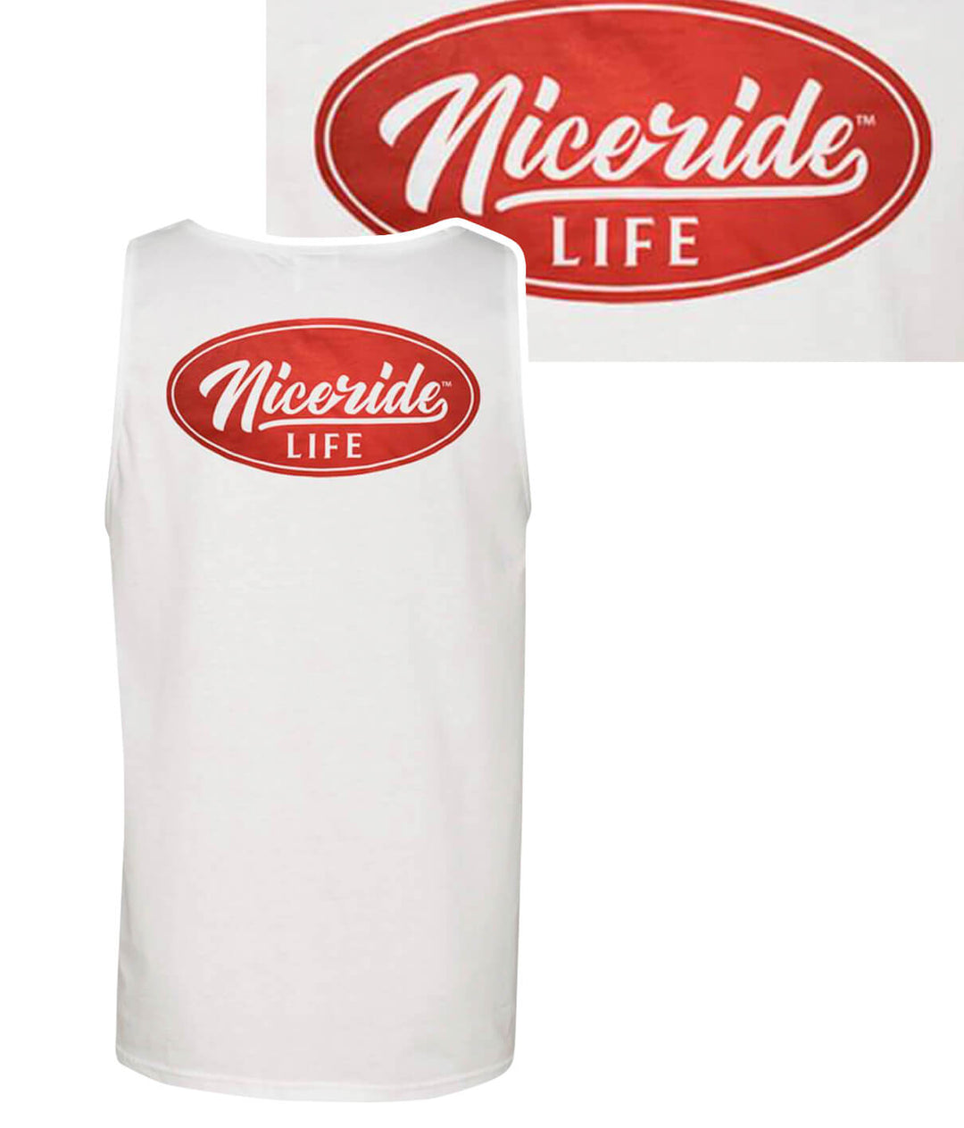 White Fruit Of The Loom tank top with Nicerride logo on the back, perfect for summer activities.