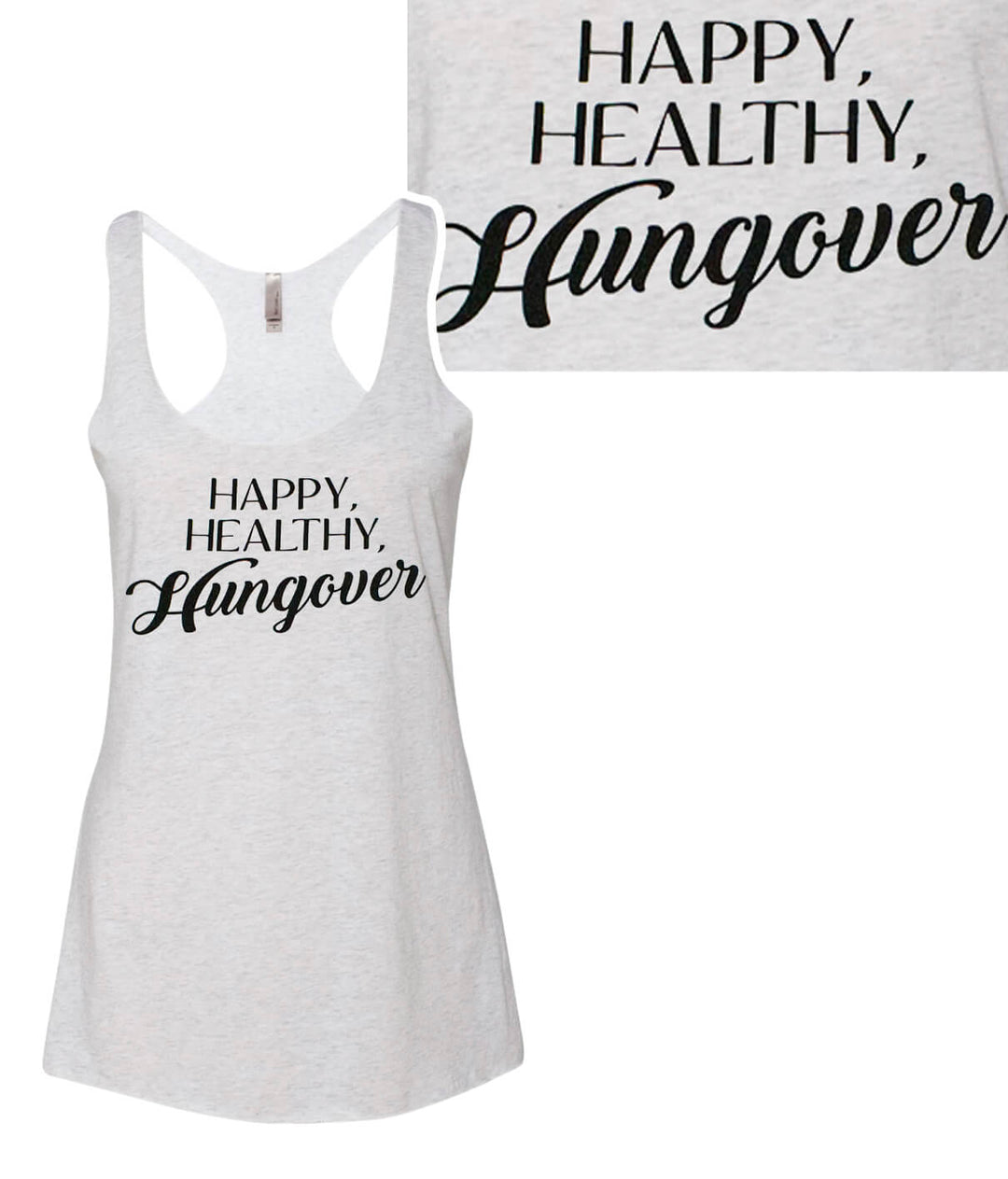 Happy, Healthy, Hungover tank top in heather gray, showcasing vintage racerback design and soft fabric.