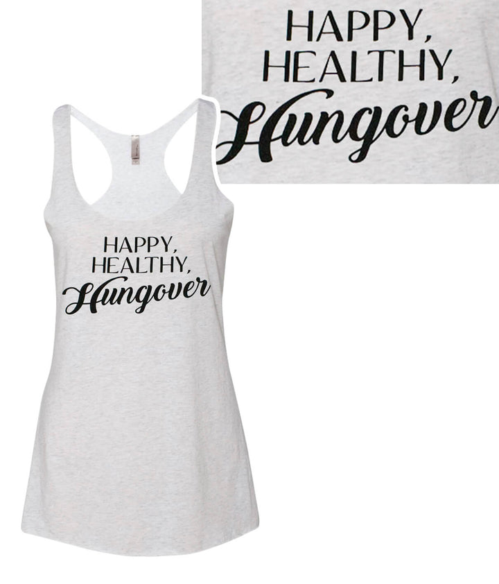 Happy, Healthy, Hungover tank top in heather gray, showcasing vintage racerback design and soft fabric.