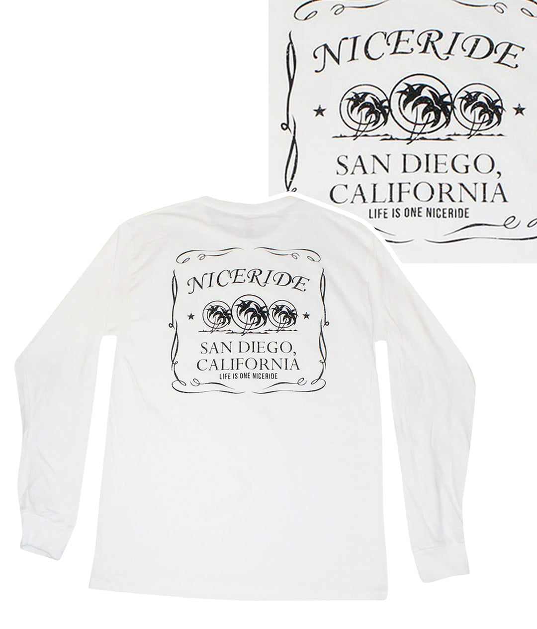 Hanes Pre-shrunk 100% Cotton shirt featuring NICERIDE design San Diego California printed on back and front left chest.