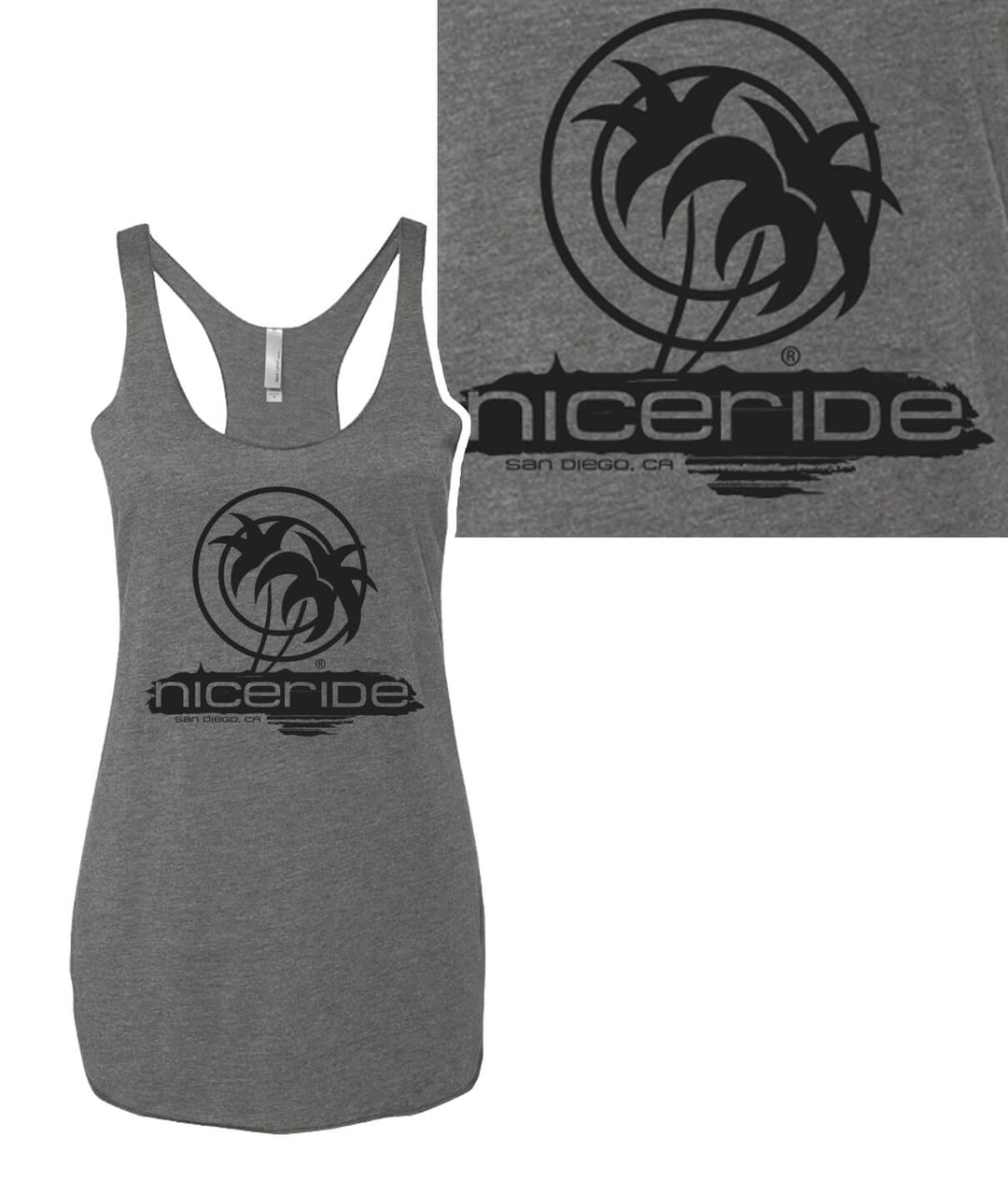 Shores tank top in gray featuring NICERIDE palm logo and vintage design for a stylish look.