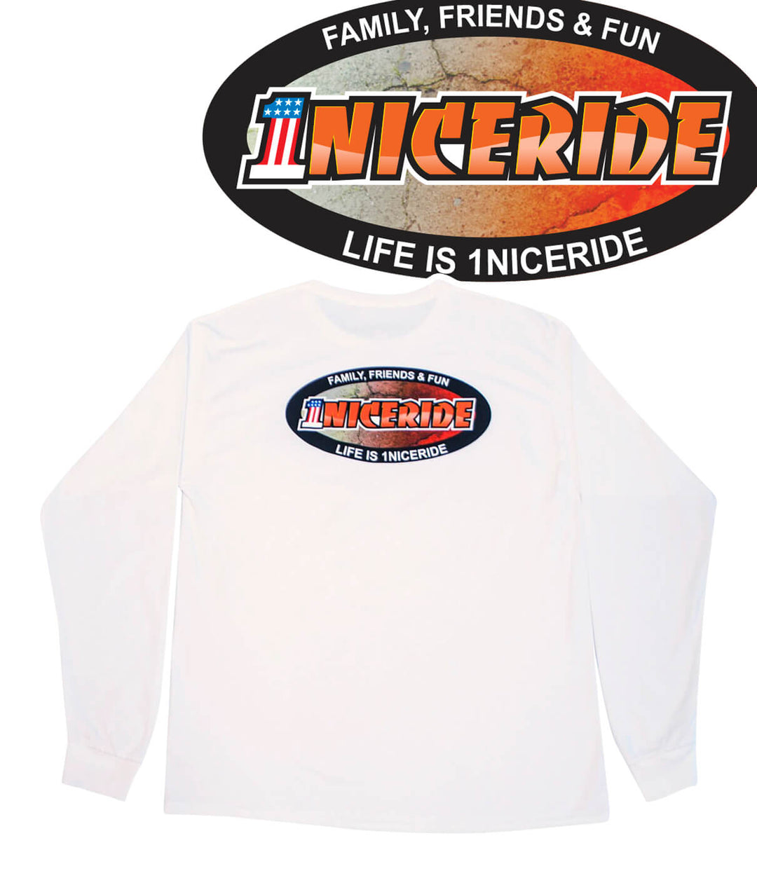 Triple F - White Hanes Pre-Shrunk, Men's 100% Cotton Long Sleeve Shirt featuring NICERIDE design on the back.