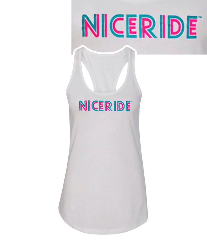White tank top featuring NICERIDE logo on the front, showcasing the comfortable fit and sporty design.