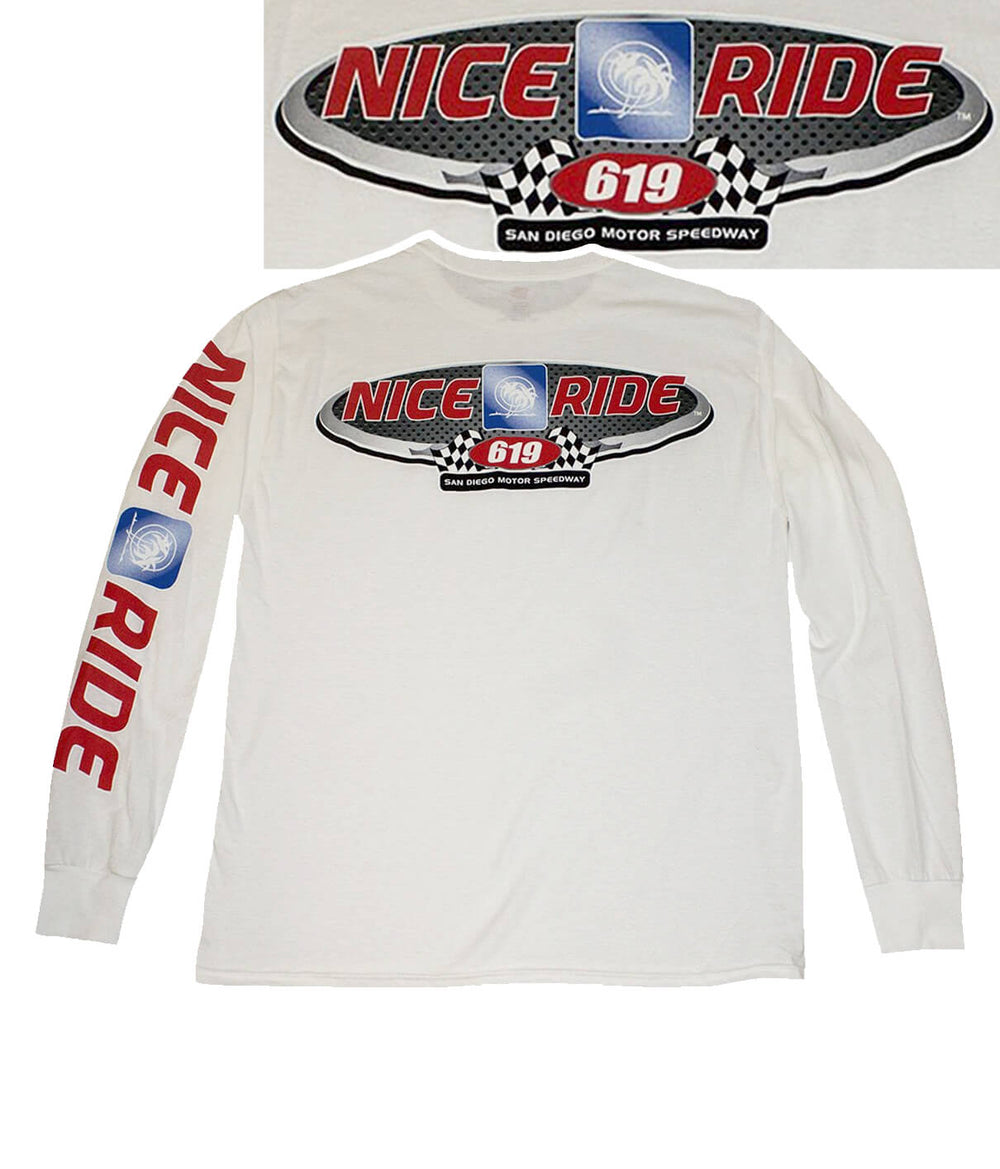 White long sleeve shirt featuring 'NICE RIDE 619' design, perfect for indoor or outdoor wear.