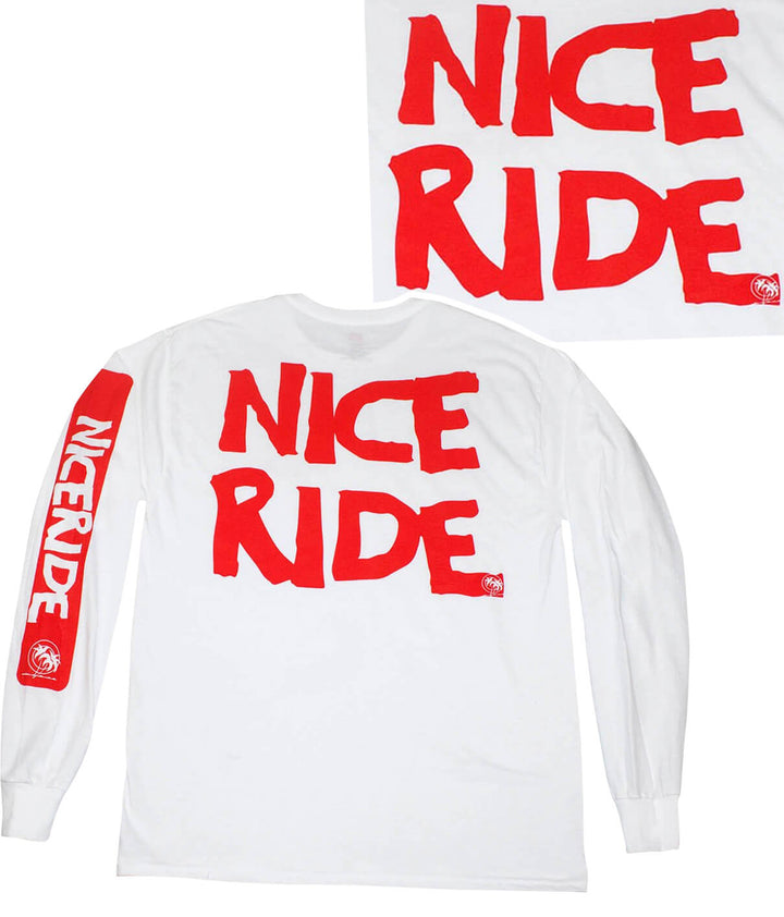 CR RIDE white long sleeve shirt featuring bold red NICE RIDE text and NICERIDE logo on left sleeve.