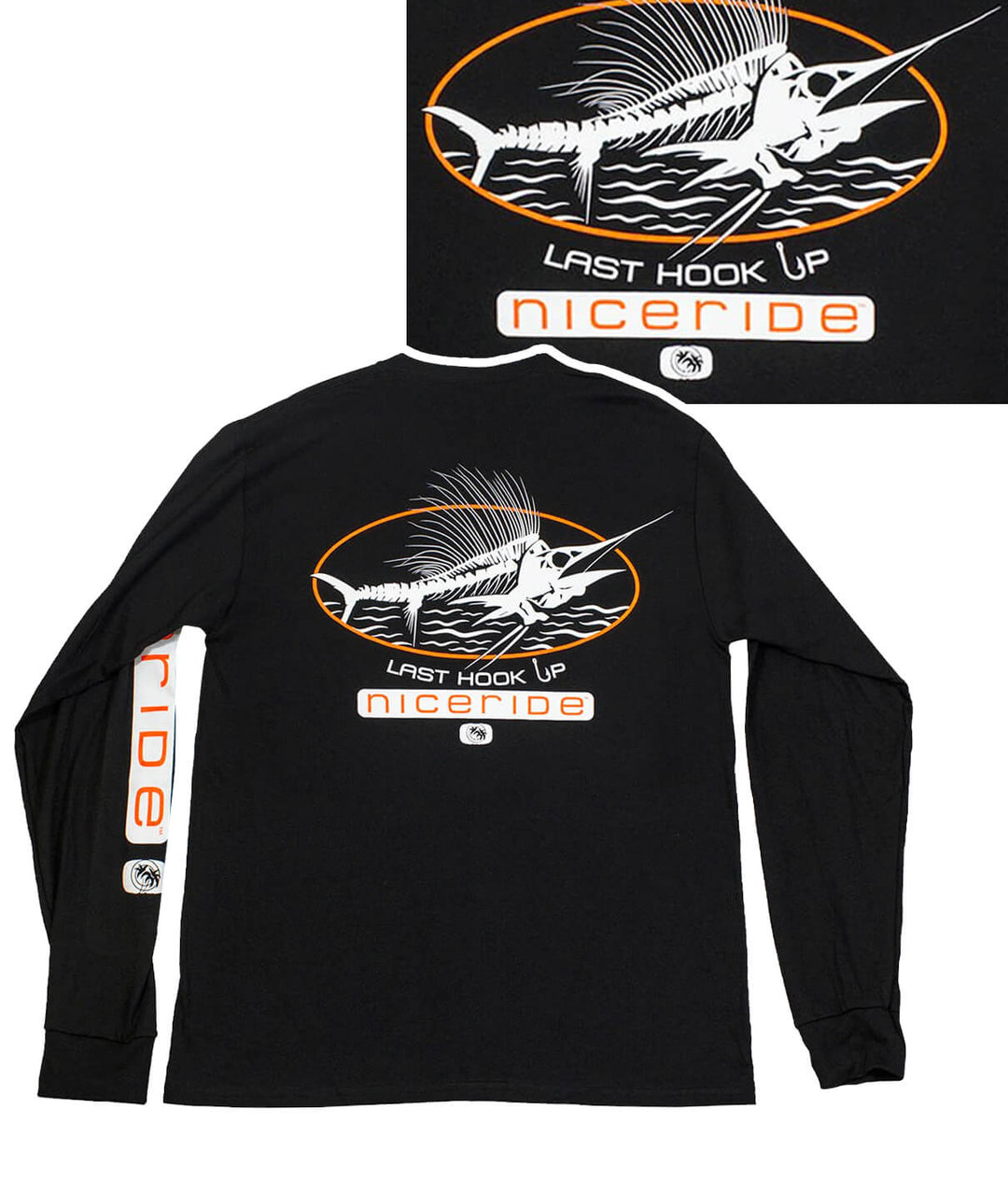 Last Hook Up Men's Black Long Sleeve Shirt featuring NICERIDE design and palm logo on left sleeve.