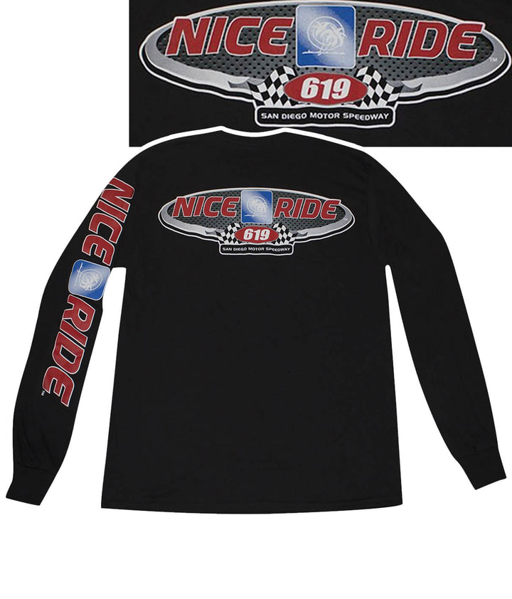 619 Motor Speedway shirt, black long sleeve cotton with NICERIDE logo and design, perfect for indoor/outdoor wear.