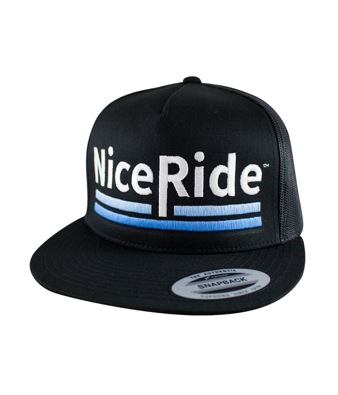 NiceRide Low Tide trucker hat with embroidered design, classic snapback style, perfect for outdoor activities.