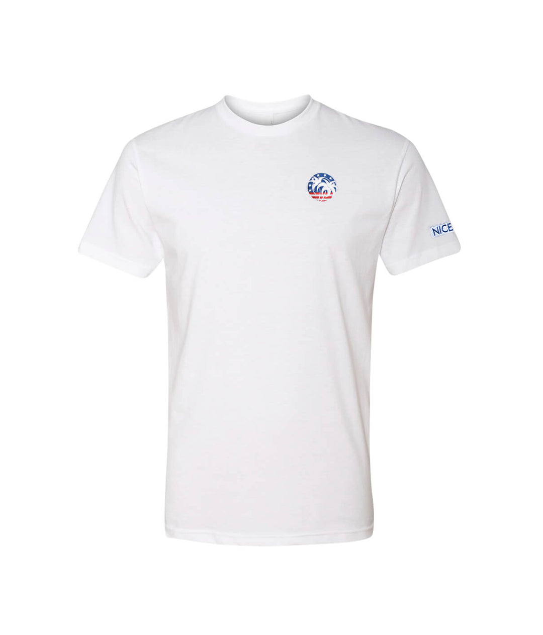 Spirit of 76 t-shirt in white, featuring embroidered logo on chest and Niceride pill on sleeve.