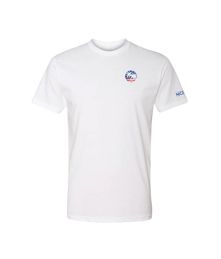 Spirit of 76 t-shirt in white, featuring embroidered logo on chest and Niceride pill on sleeve.