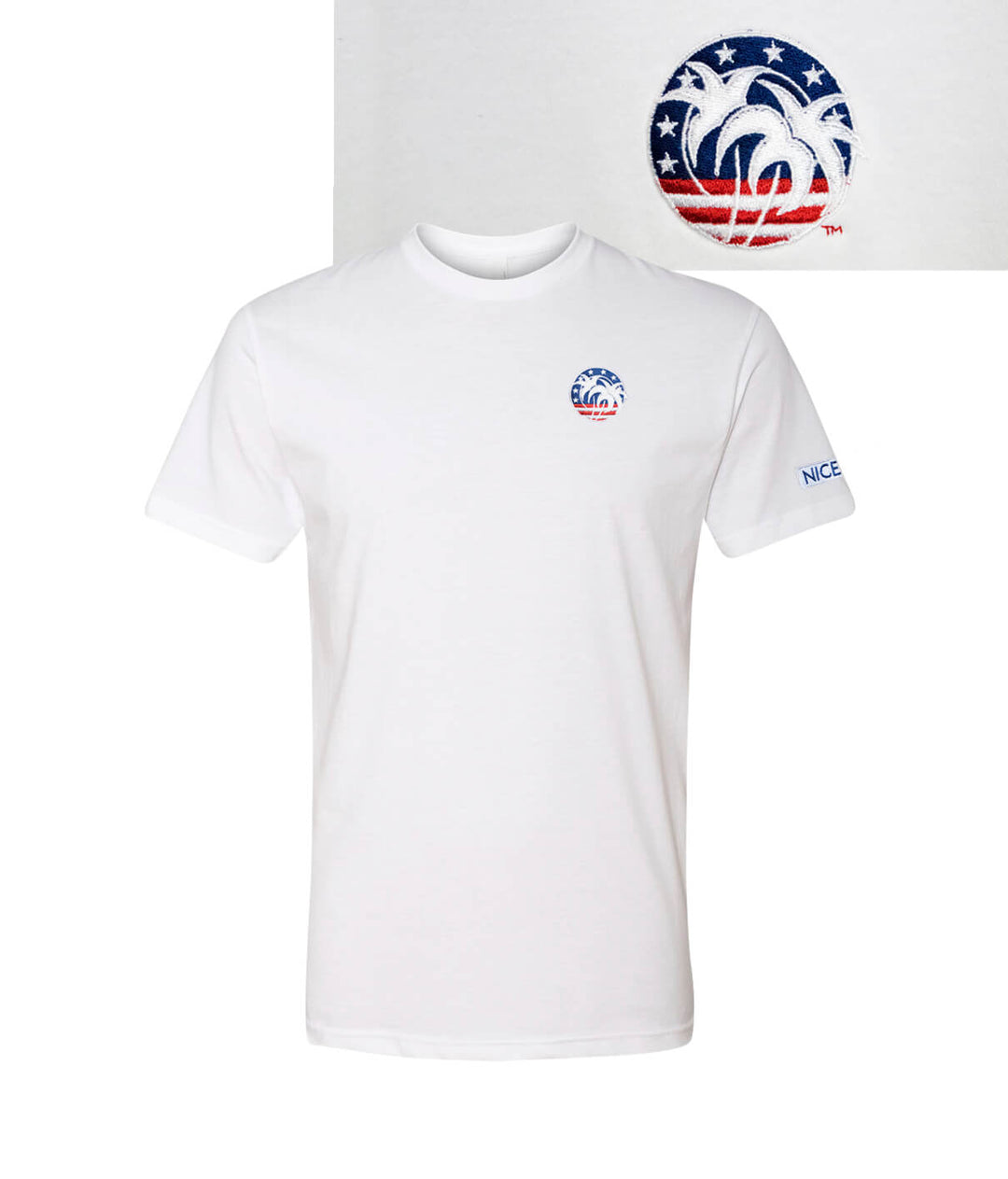 White t-shirt with embroidered Spirit of 76 logo and Niceride branding, 60/40 cotton-poly blend.