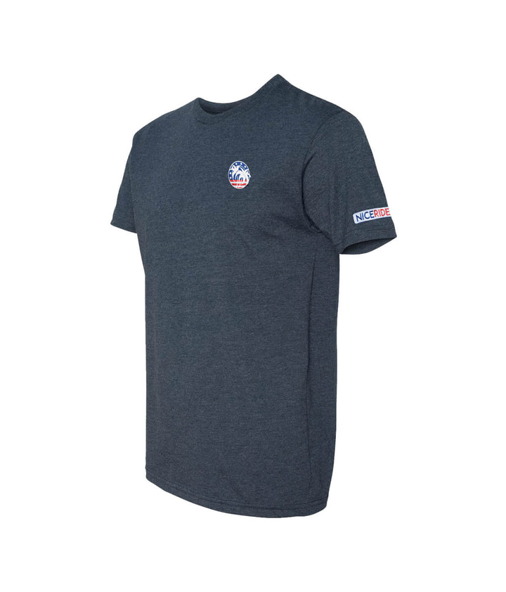 Spirit of 76 t-shirt featuring embroidered logo on navy short sleeve blend fabric.