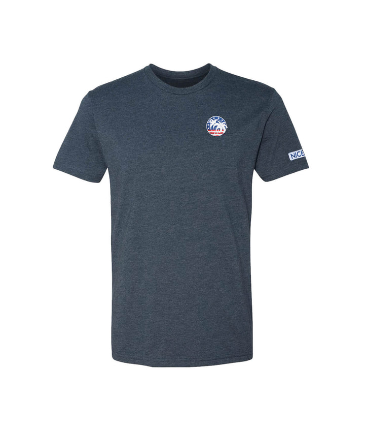 Spirit of 76 t-shirt in navy blue with embroidered logo on left chest and Niceride pill on sleeve.