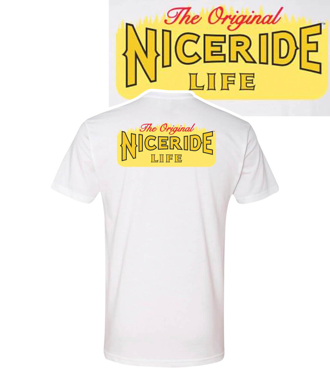 White shirt featuring NICERIDE Life logo printed on the back, ideal for casual wear and outdoor activities.
