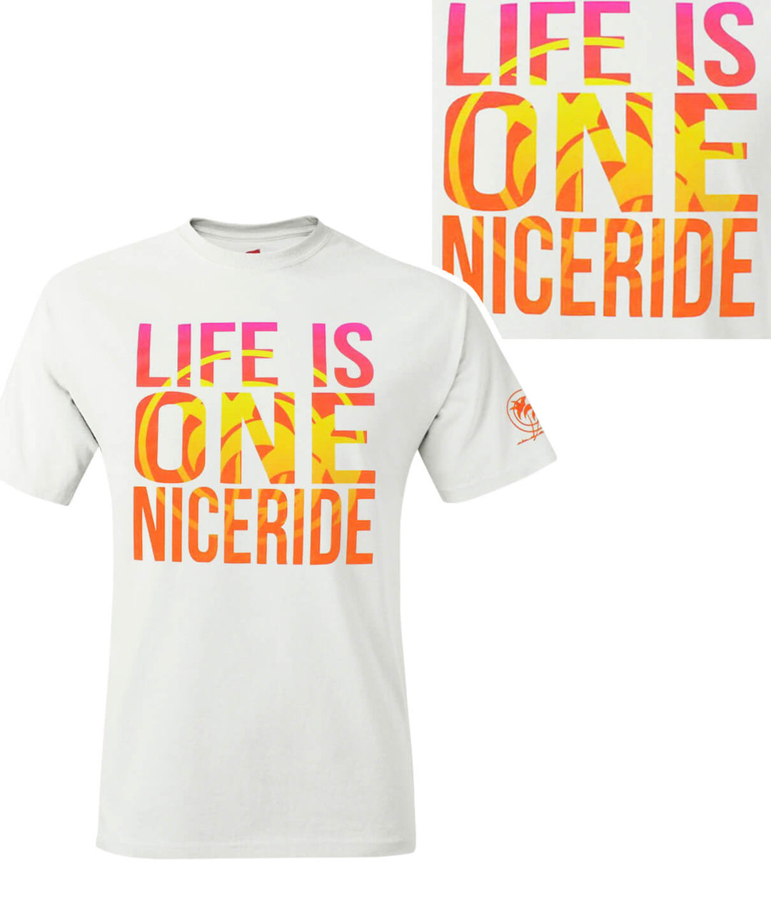 Endless Ride white Hanes men's cotton blend short sleeve t-shirt with vibrant 'Life is One NICERIDE' print.