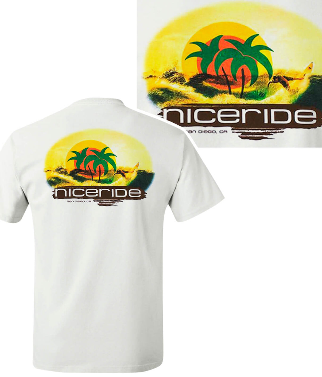 White Hanes Men's Comfort Blend T-Shirt featuring NICERIDE design with palm trees and sunset, perfect for casual wear.