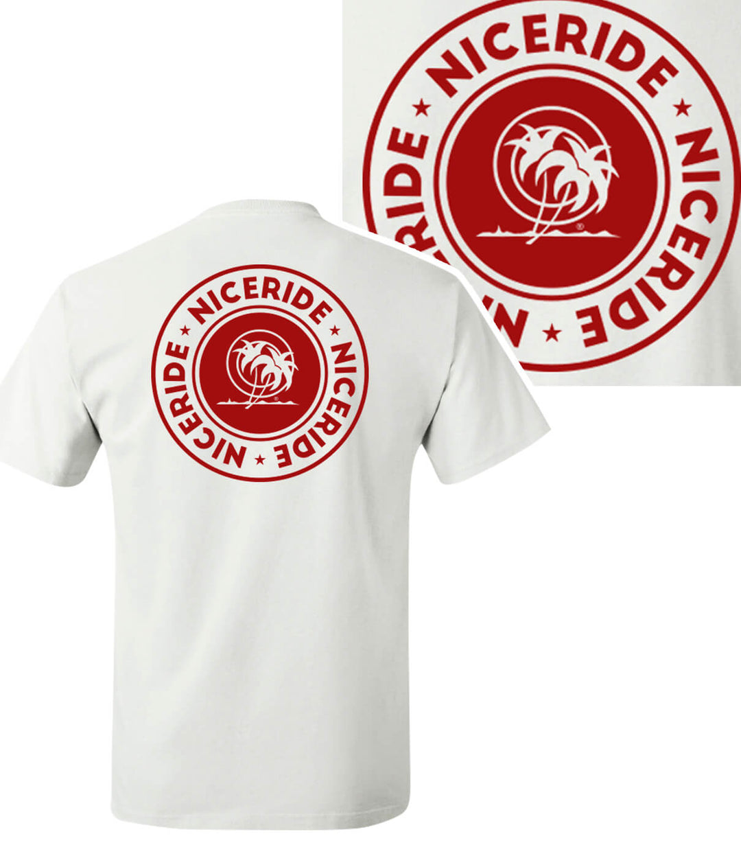Hanes men's white short sleeve t-shirt featuring red NICERIDE logo on back and chest, perfect for indoor or outdoor activities.