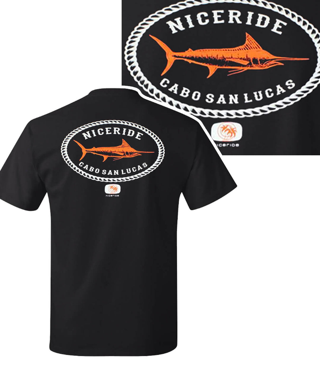 A black t-shirt with a neon orange fish embroidered on it.