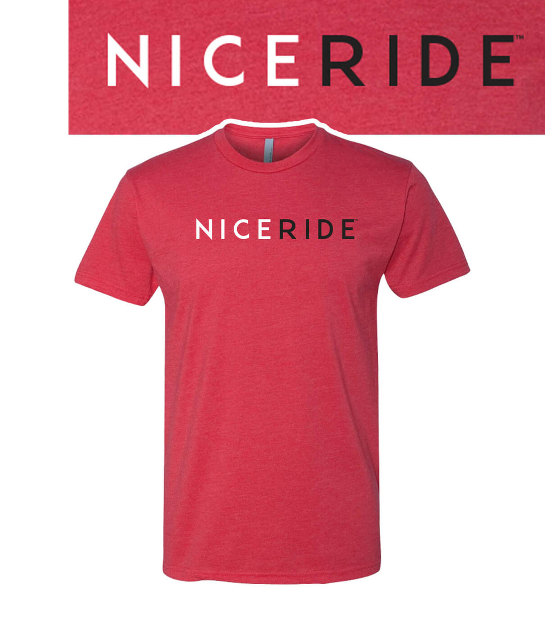 Essential shirt in red featuring NICERIDE logo on front and embroidered palm logo on sleeve.