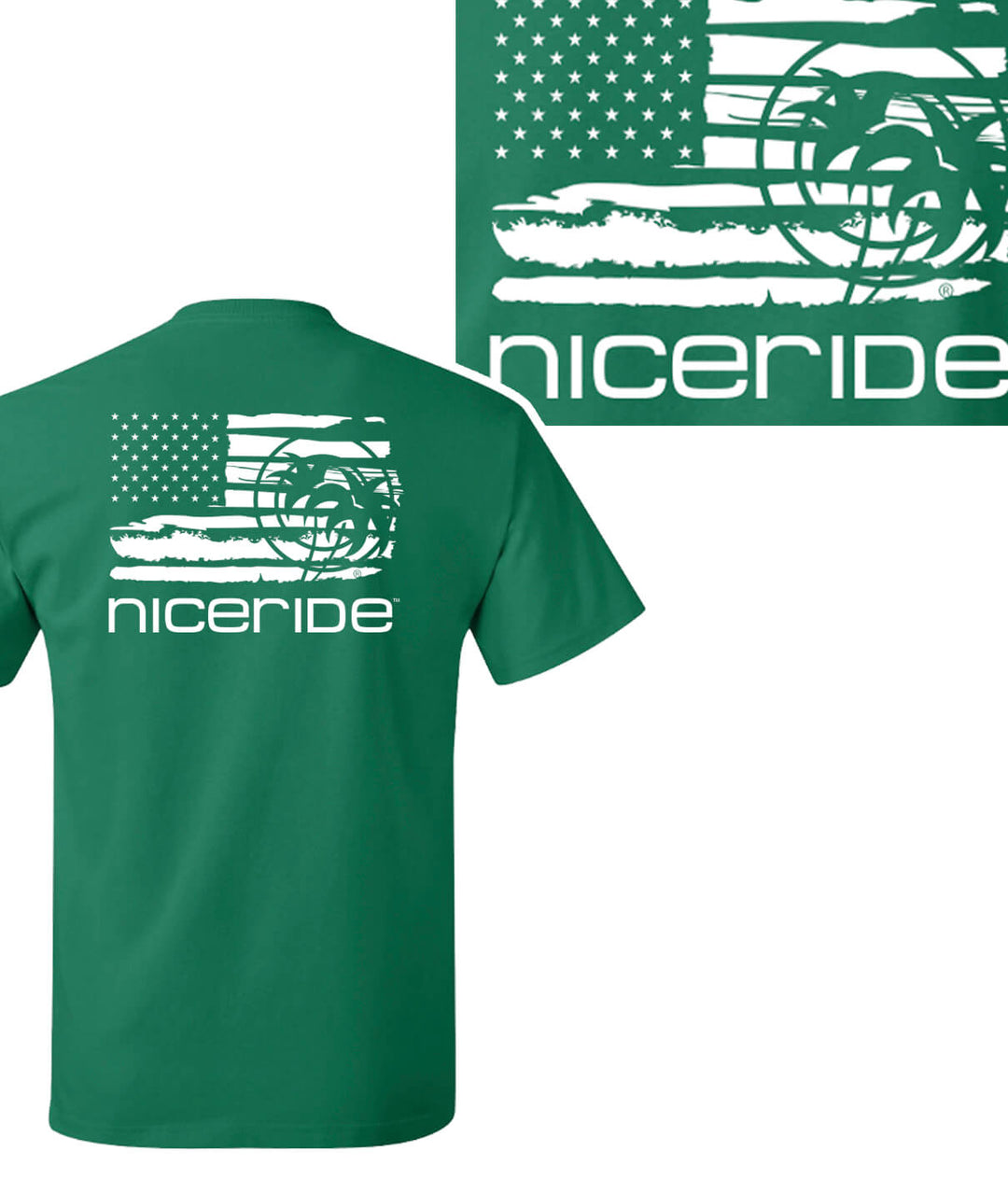 Green Hanes men's short sleeve shirt featuring the American flag and NICERIDE design on the back.