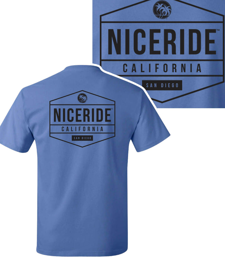 Good Times shirt featuring NICERIDE California design on back, made of tagless cotton, available in blue.