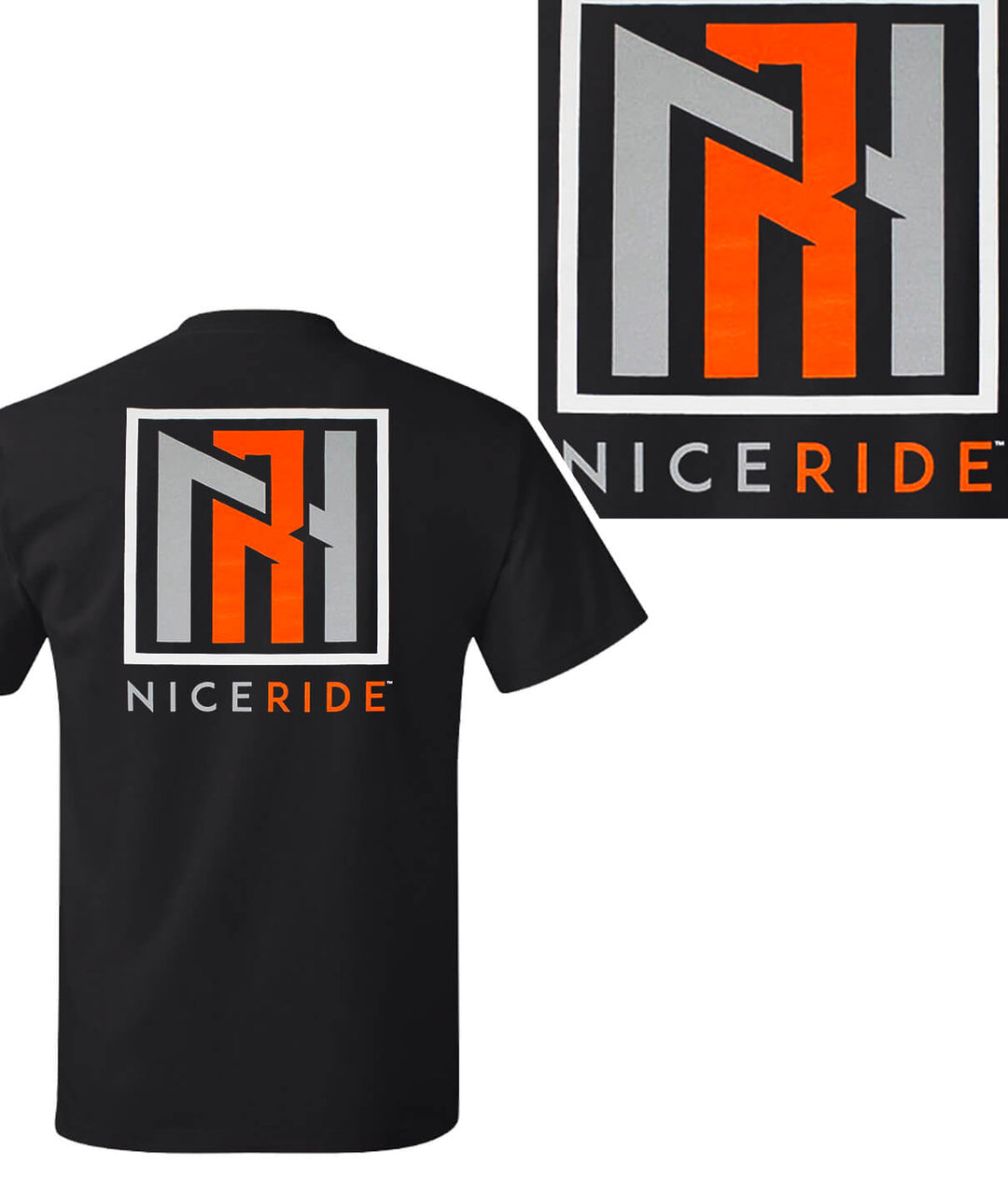 N-R Neon Orange Hanes Men's 100% Cotton short sleeve shirt featuring NICERIDE logo printed on back.