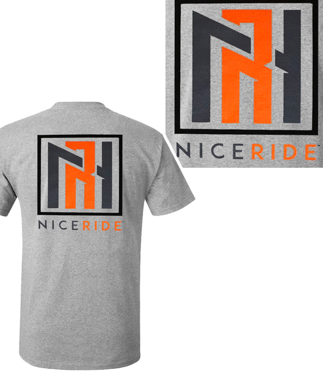 N-R Neon Orange - Black, Charcoal or Gray shirt featuring NICERIDE logo on the back and left chest.