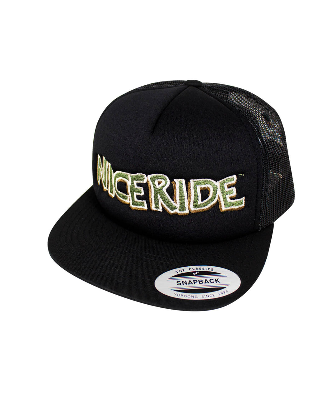 NICERIDE Bed Rock Foam Trucker Hat, featuring embroidered logo on black cap, perfect for casual wear.