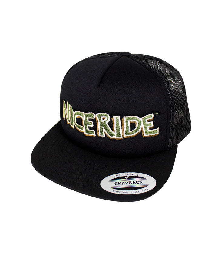 NICERIDE Bed Rock Foam Trucker Hat, featuring embroidered logo on black cap, perfect for casual wear.