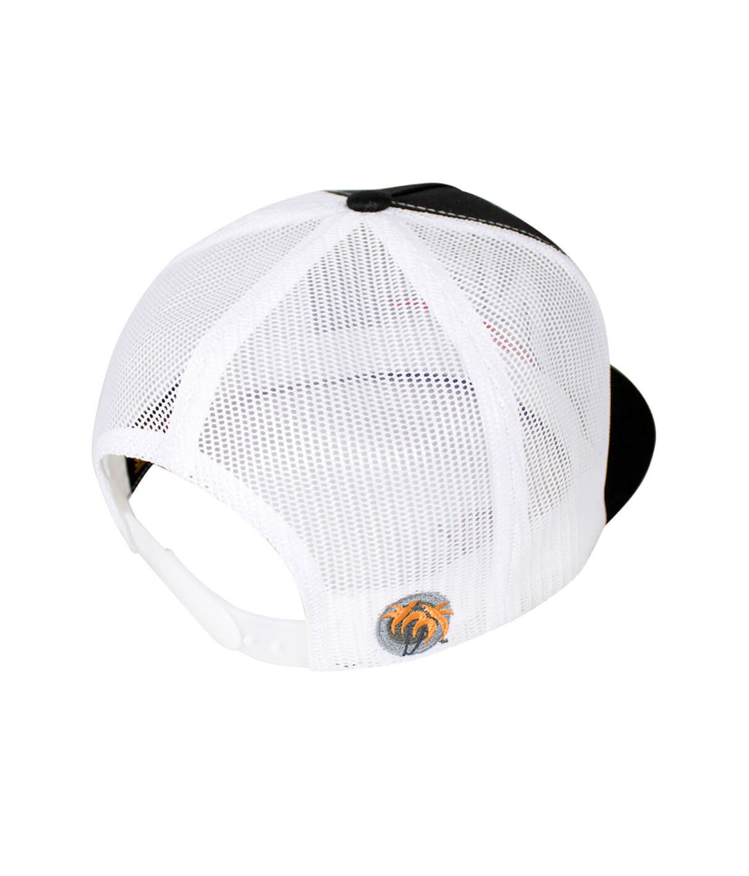 Back view of the Sun Ray trucker hat showing the white mesh and Blacked Out Classic Palm Logo.