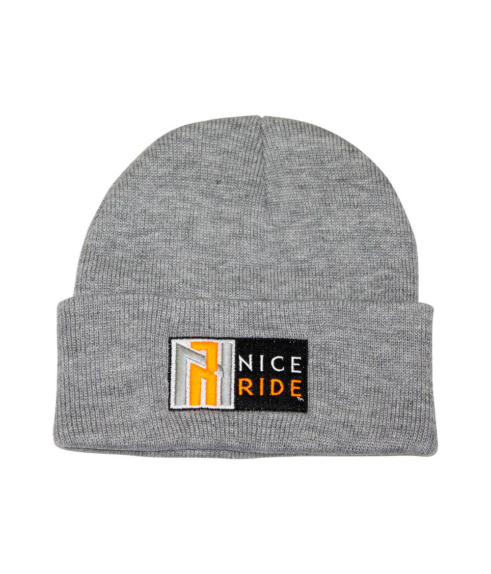 Gray beanie featuring NICERIDE's logo embroidered in orange and black, perfect accessory for style and warmth.