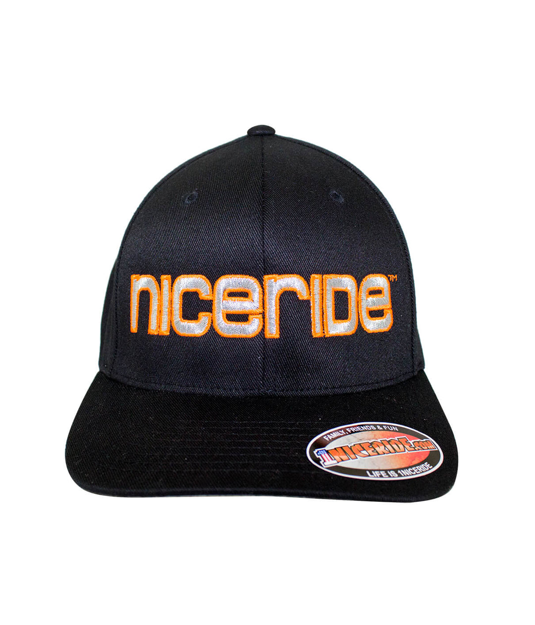 Bold Tower Black Classic Flexfit Hat by NICERIDE, front view displaying logo and design details.