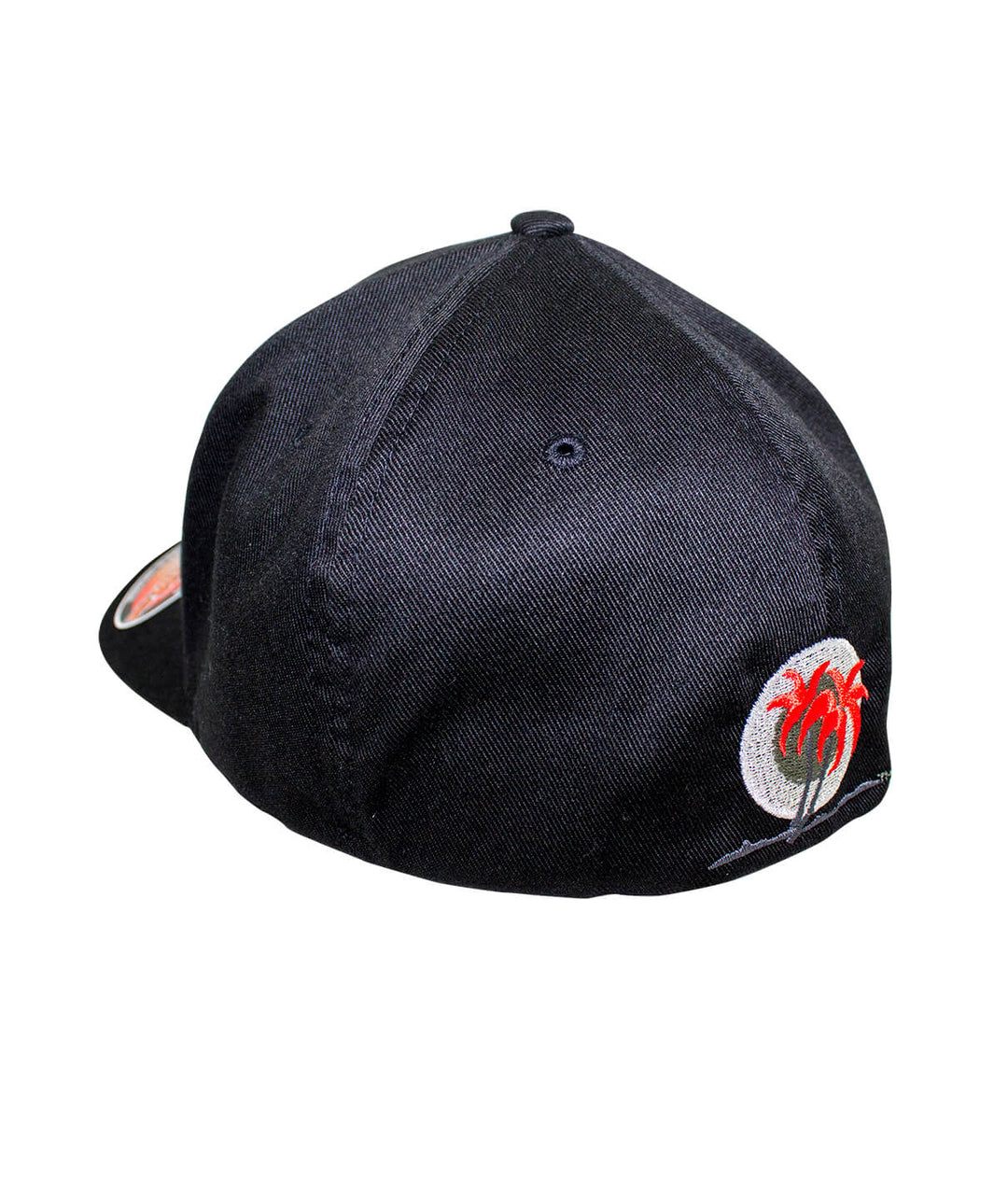 Back view of the "Bold Tower" Black Classic Flexfit Hat showing palm logo and Flexfit design for ultimate comfort.
